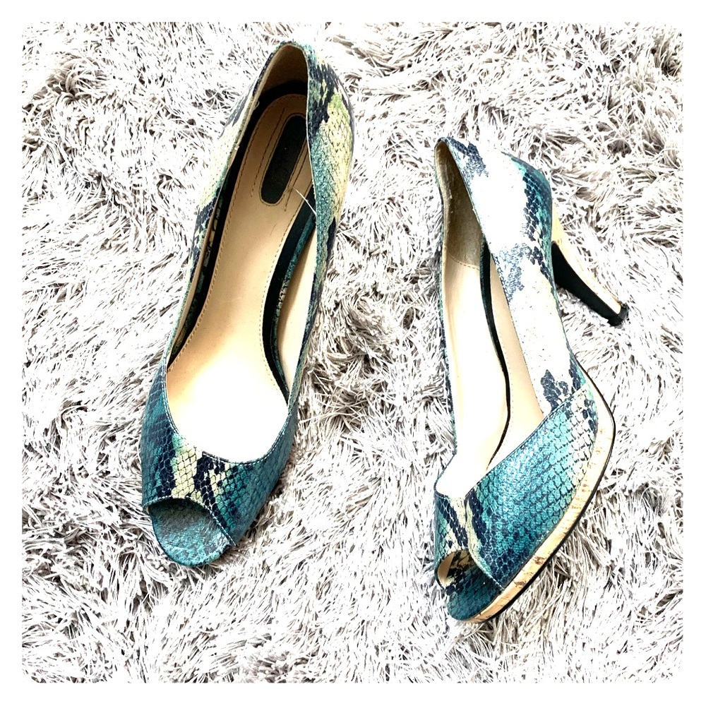 Green and white heels with cork heels